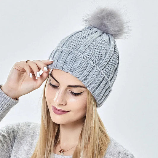 NEVY-TECH Winter Knitted Hats Fashion Stretchy Lined Winter Hats For Women Faux Fur Pom Pom Hat Keep Warming Beanie Hat - NevyTech