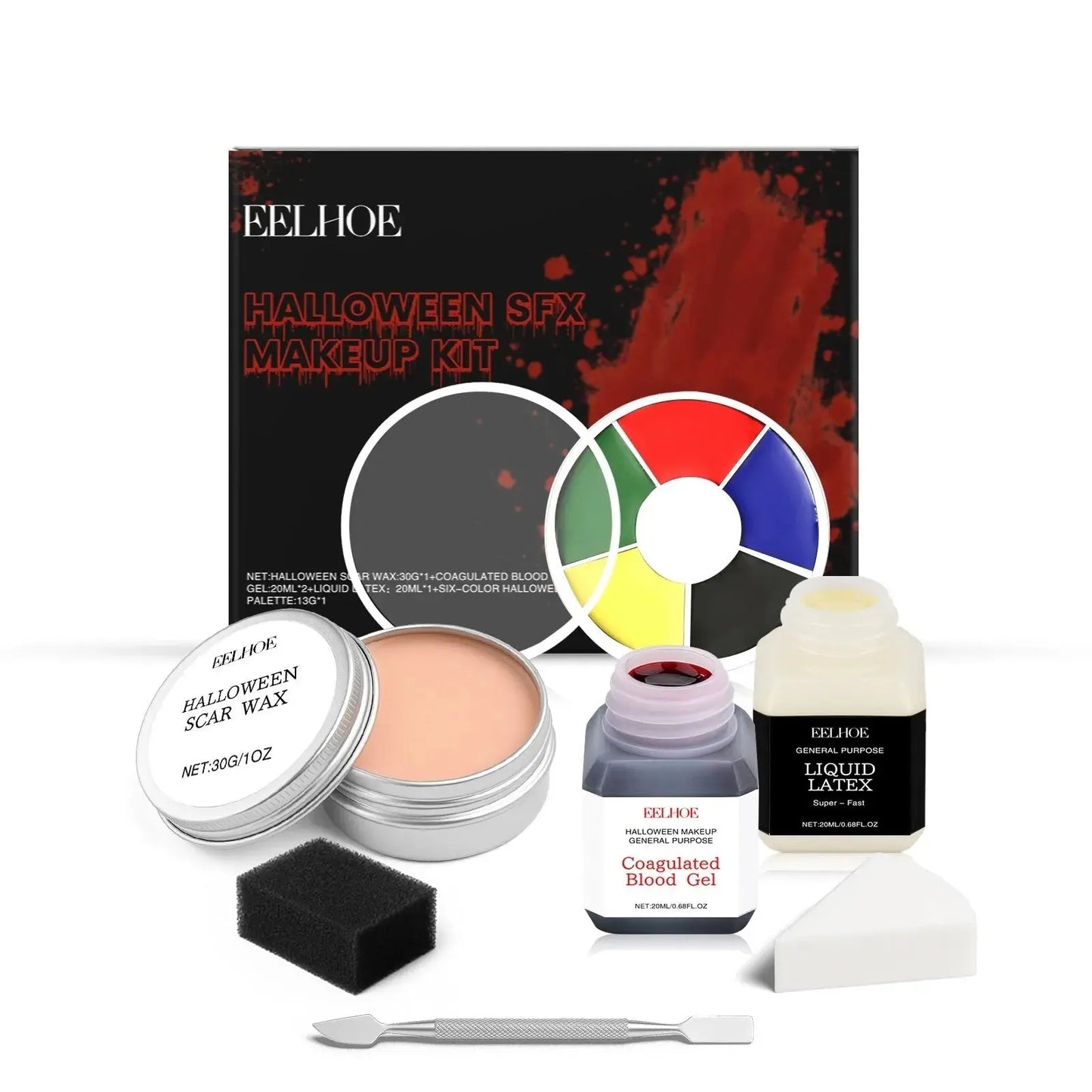 NEVY-TECH Halloween SFX Makeup Kit includes fake blood, wax, brushes, and paintsβperfect for realistic horror looks.