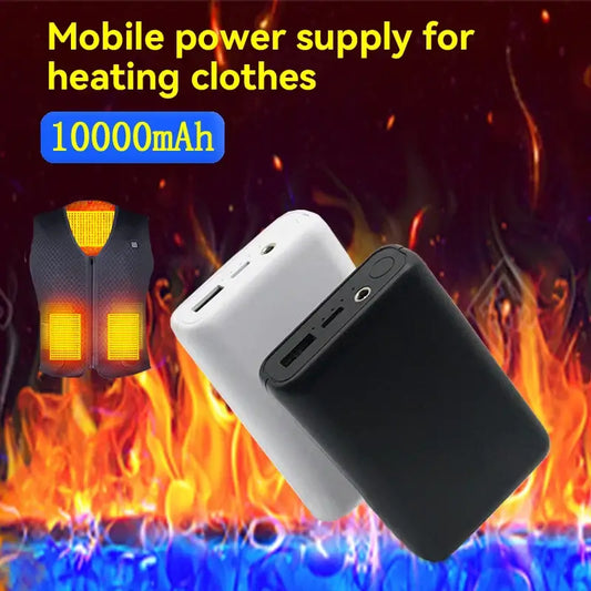Nevytech portable power bank for heating clothes with 10000mAh capacity in black and white against a flame background.