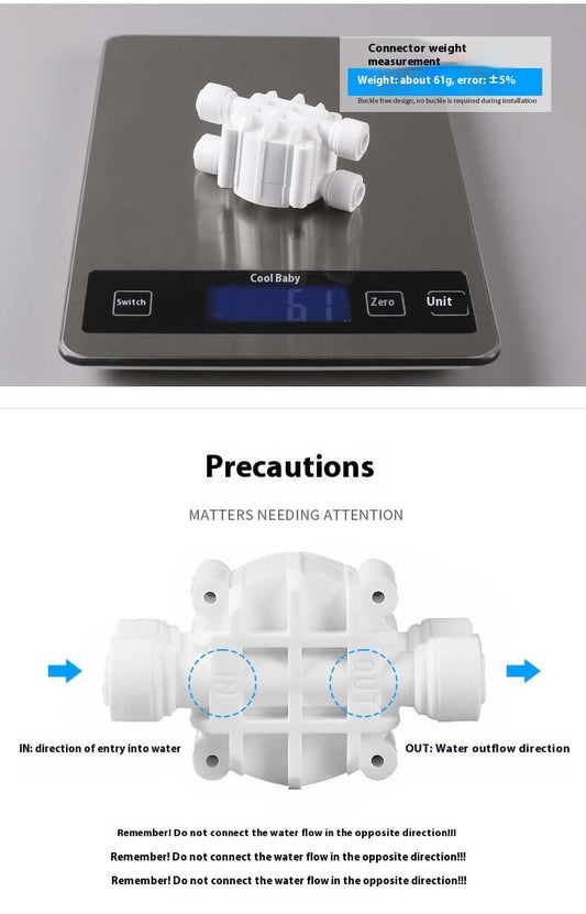 Nevytech Portable water purifier valve weighing 61g on digital scale with precautionary guidelines.