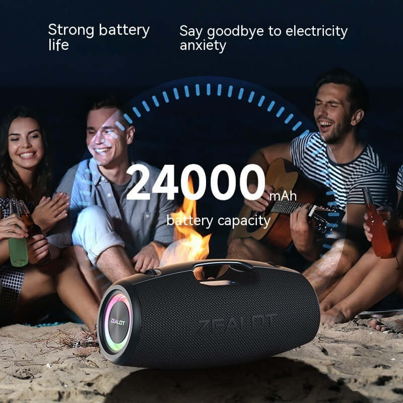 Outdoor portable car Bluetooth speaker with 24000mAh battery capacity for long-lasting playtime.