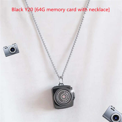 Black Y20 camera necklace with 64G memory card, stylish pendant, perfect for photography enthusiasts.