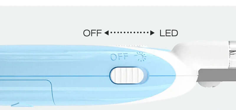 Close-up of LED pet nail clippers showing the switch with 'OFF' and 'LED' indicators for easy operation.