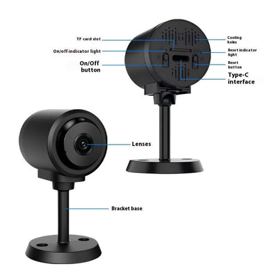 Smart wireless WiFi home security surveillance camera with TF card slot, on/off button, and Type-C interface.