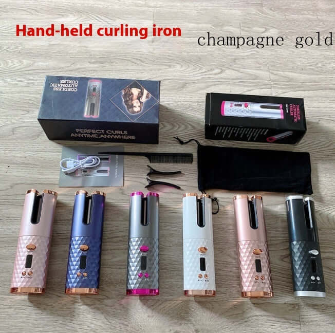 Wireless hair curler set with various colors, accessories, and packaging for portable styling.