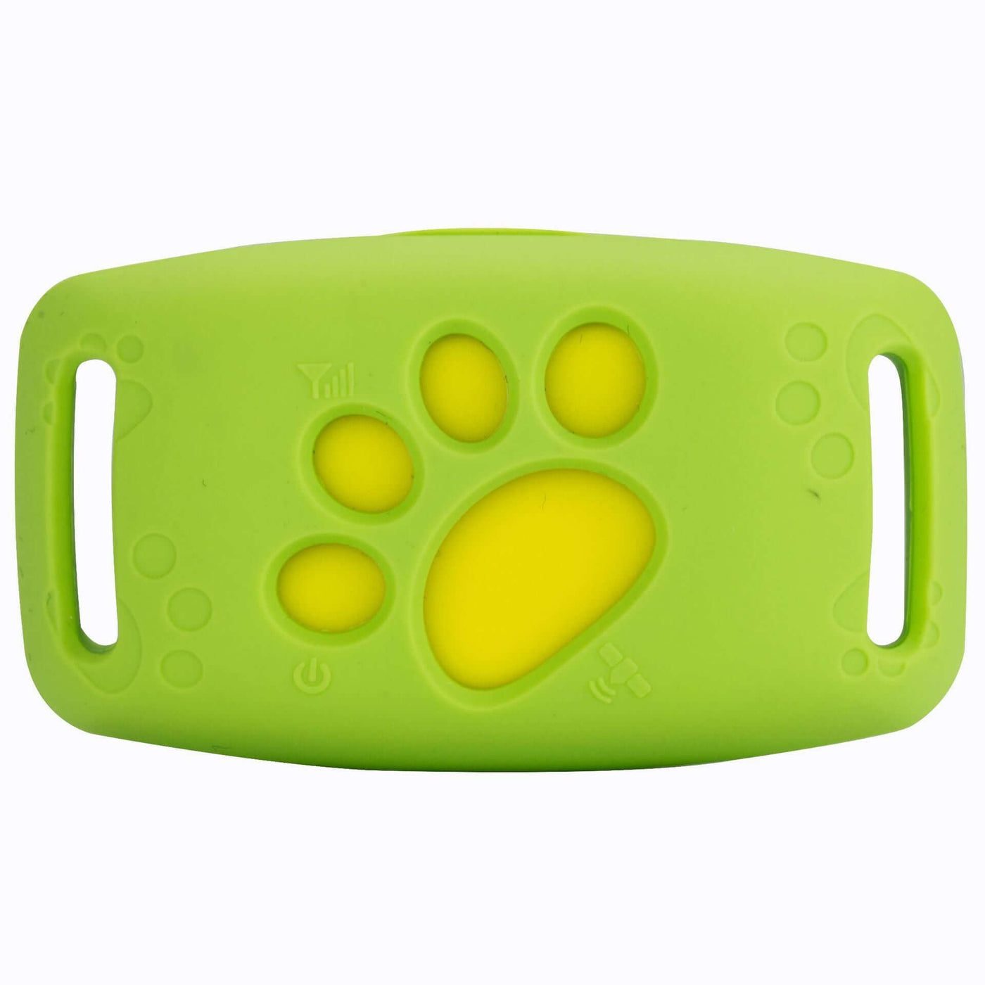 Green GPS pet tracker with a paw print design, durable and waterproof for pet safety.