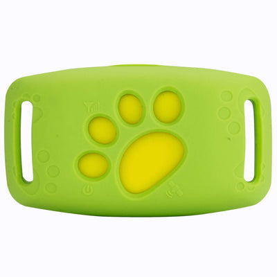 Green GPS pet tracker with a paw print design, durable and waterproof for pet safety.