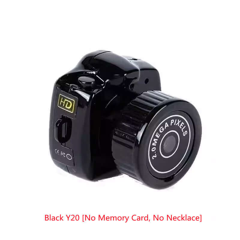 Black Y20 mini camera, HD, no memory card, compact design for photography enthusiasts.