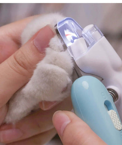 Person using LED electric nail clippers on a pet's paw, showcasing safe and easy nail trimming for small animals.