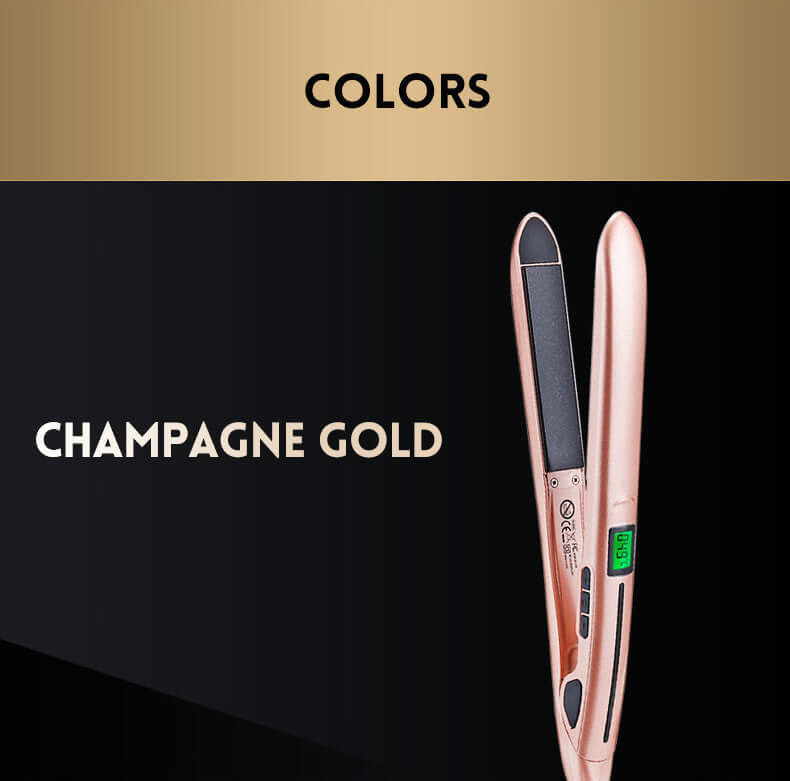 Mini hair straightener in champagne gold color, showcasing sleek design and digital display for effortless styling.