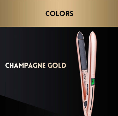 Mini hair straightener in champagne gold color, showcasing sleek design and digital display for effortless styling.