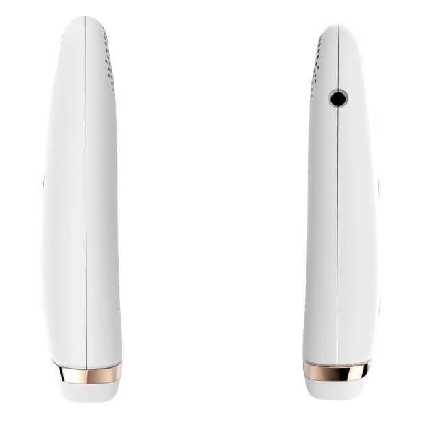 Laser hair removal device showing side views, designed for home use with infrared technology and 5 adjustable settings.