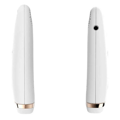 Laser hair removal device showing side views, designed for home use with infrared technology and 5 adjustable settings.