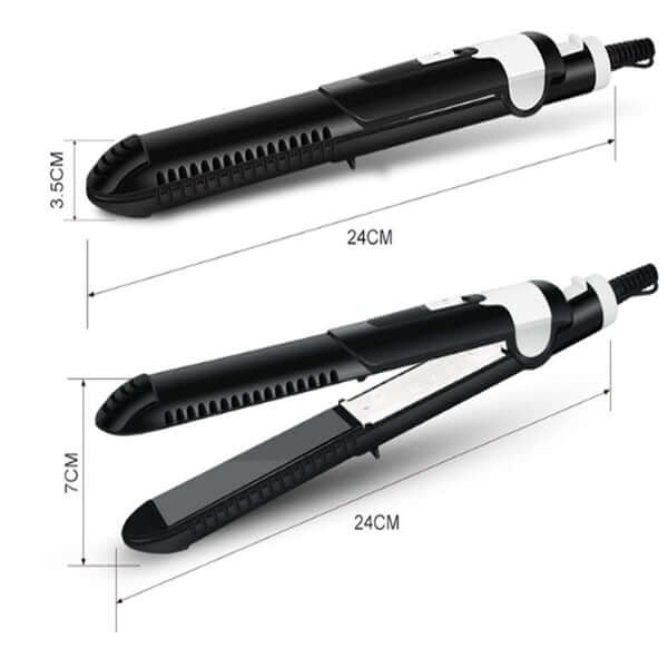 Hair curler with ergonomic design, dimensions 24CM x 7CM, features tourmaline ceramic for wet and dry styling.