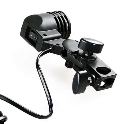 Close-up of a black photography lamp holder with manual switch and adjustable clamp for lighting accessories.