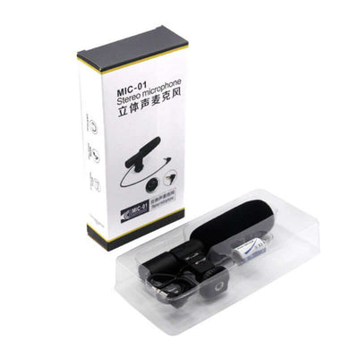 Camera photography microphone MIC-01 in packaging with stereo features, ideal for high-quality audio capture.
