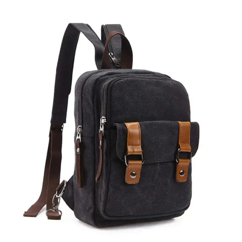Nevytech Casual outdoor travel backpack in black fabric with brown accents, featuring zipper openings and multiple storage compartments.