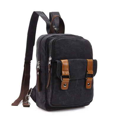 Casual outdoor travel backpack in black fabric with brown accents, featuring zipper openings and multiple storage compartments.