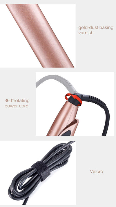 Close-up of a mini hair straightener with gold-dust baking varnish, 360° rotating power cord, and Velcro cable organizer.