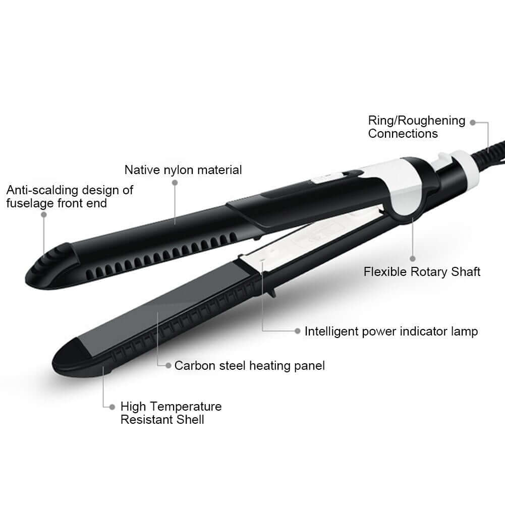 Features of a hair straightener including flexible shaft, anti-scalding front, and carbon steel heating panel.