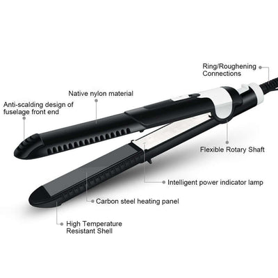 Features of a hair straightener including flexible shaft, anti-scalding front, and carbon steel heating panel.