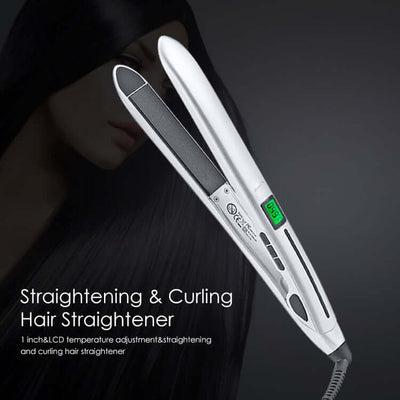 Compact mini hair straightener with LCD display for temperature adjustment, ideal for straightening and curling hair.