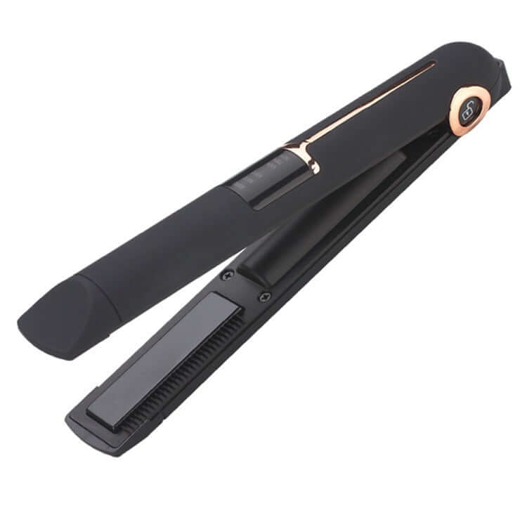 Wireless splint hair straightener in sleek black design with rose gold accents, featuring adjustable temperature settings.