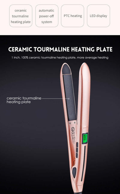 Mini hair straightener with ceramic tourmaline heating plate, LED display, and automatic power-off feature.