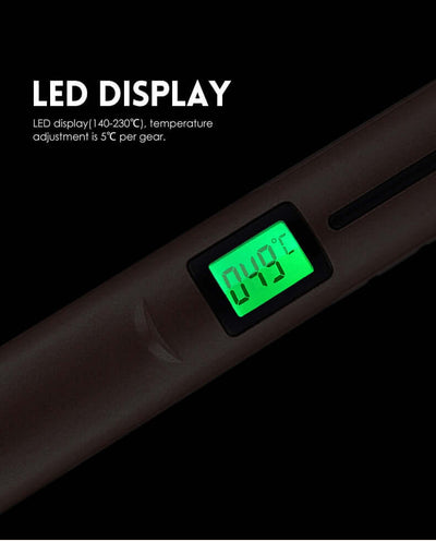 LED display on mini hair straightener showing temperature adjustment from 140°C to 230°C for optimal styling.