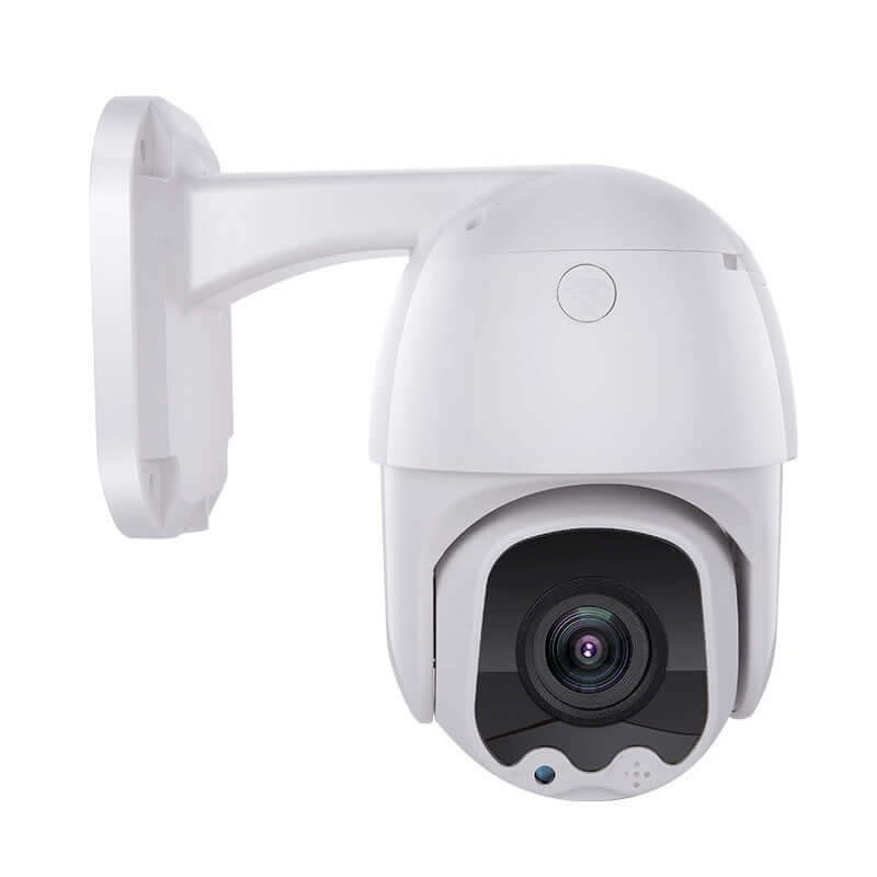 Wireless surveillance camera with ball machine design and CMOS image sensor for outdoor monitoring.