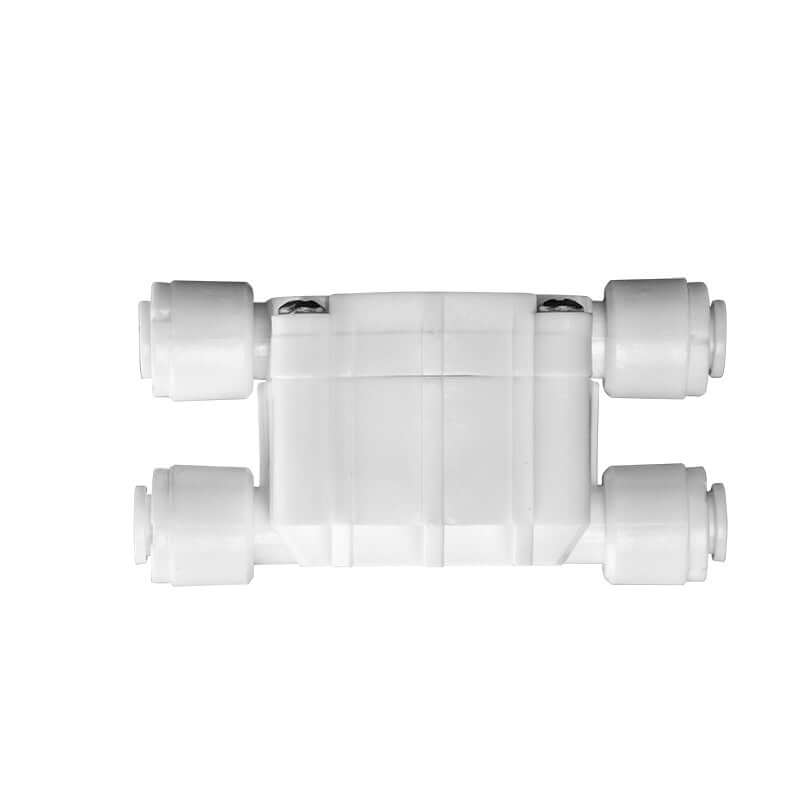 Portable water purifier quick connection four-side valve in white POM material for reverse osmosis systems.
