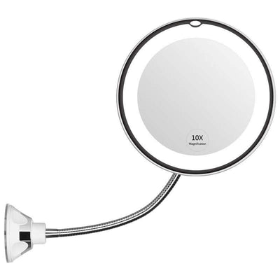 LED makeup mirror with 10X magnification, mounted with suction base for easy bathroom or bedroom use.