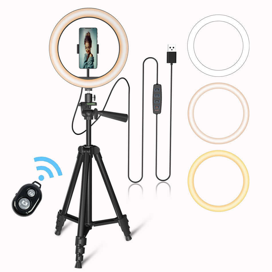 Desktop selfie beauty photography phone with LED ring light, tripod, and remote, ideal for dimmable lighting and USB power.