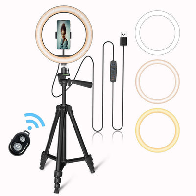 Desktop selfie beauty photography phone with LED ring light, tripod, and remote, ideal for dimmable lighting and USB power.