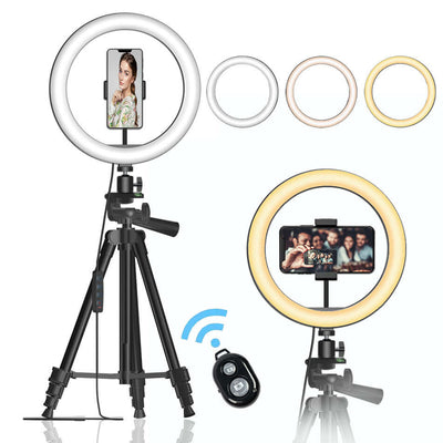 Desktop selfie beauty photography phone with ring light, adjustable brightness, and smartphone holder.