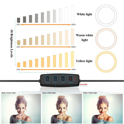 Illustration of brightness levels and light modes for a desktop selfie beauty photography ring light.