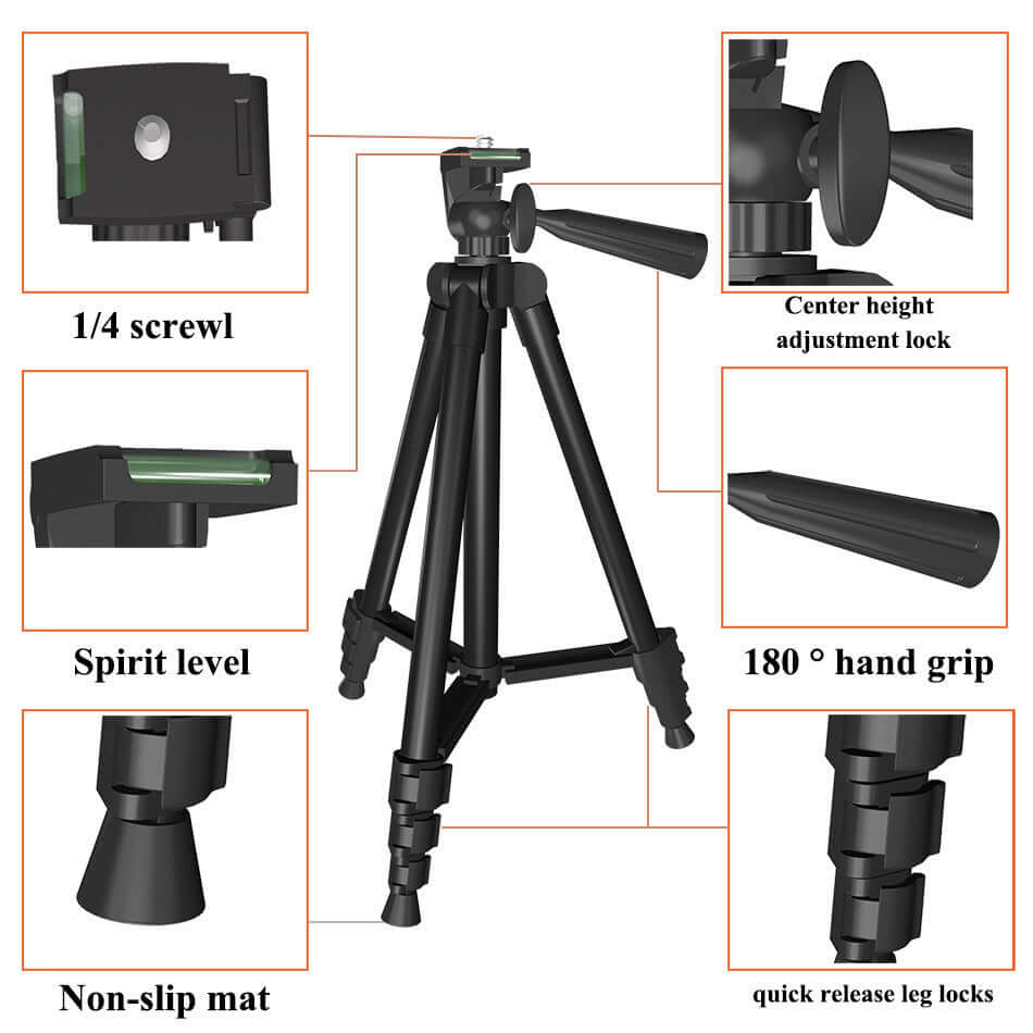 Adjustable tripod with 1/4 screw, spirit level, quick-release leg locks, and non-slip mat for stable photography.