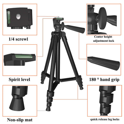 Adjustable tripod with 1/4 screw, spirit level, quick-release leg locks, and non-slip mat for stable photography.