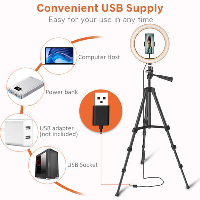Desktop selfie beauty phone with USB supply, ideal for photography with ring light and adjustable tripod.