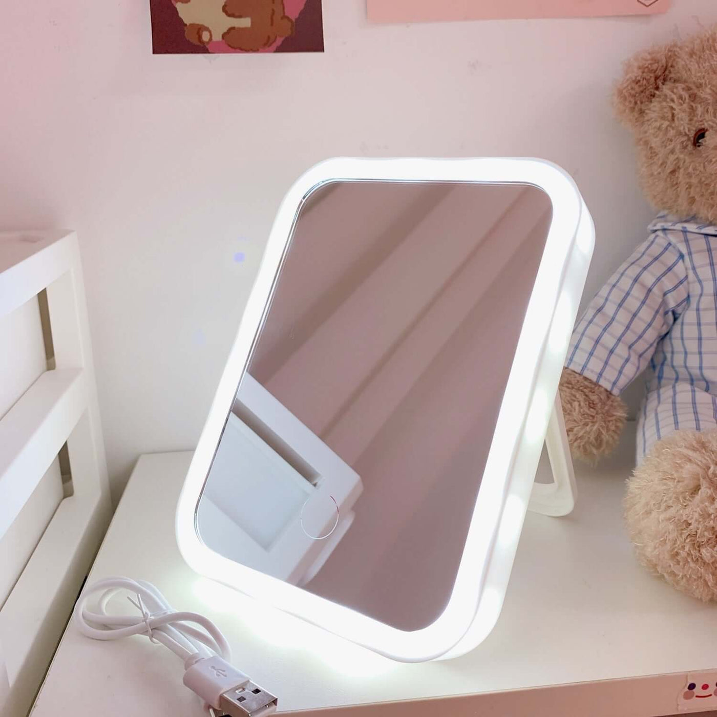 Japanese cute desktop LED vanity mirror with lamp, portable design for makeup, perfect for bedroom use.