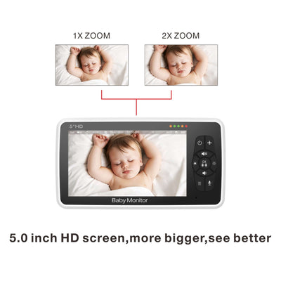 5-inch HD baby monitor display showing 1x and 2x zoom features for better visibility of your child.
