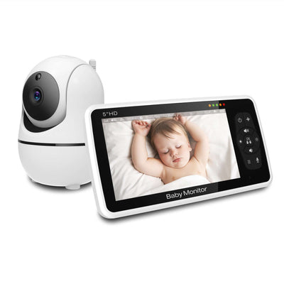 Color baby monitor with 5-inch HD display showing a sleeping baby, model SM50, frequency 2400Hz, ideal for parents.