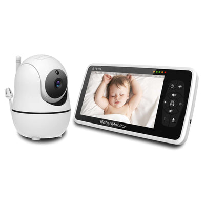 Color baby monitor with 5-inch HD screen and camera for monitoring infants, model SM50, designed for safety and convenience.