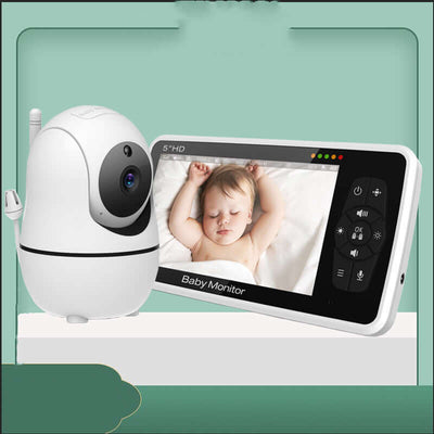 5-inch color baby monitor with camera displaying sleeping baby, model SM50, suitable for various ambient temperatures.