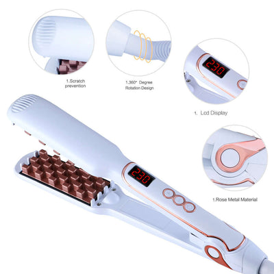 Fluffy hair straightener with LCD display, 360° rotation, and rose metal material for styling wet and dry hair.