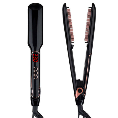 Fluffy Hair Straightener featuring tourmaline ceramic, digital display, suitable for wet and dry hair, in sleek black design.