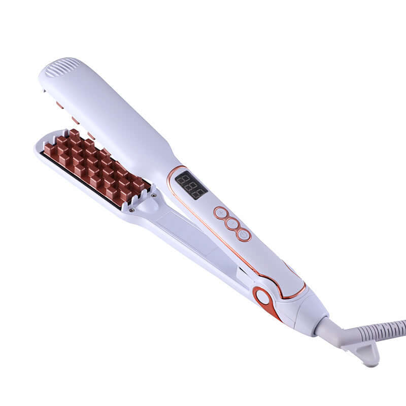 Fluffy hair straightener with tourmaline ceramic heat conductor, displaying temperature control and ergonomic design.