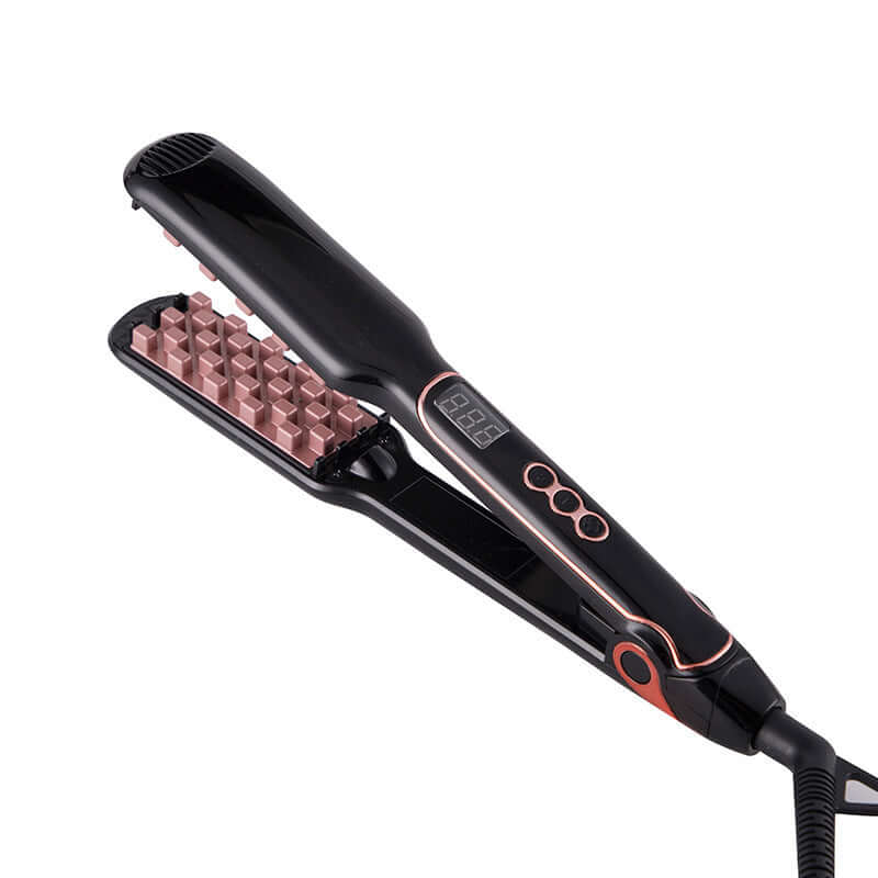 Fluffy Hair Straightener with digital temperature control for wet and dry hair, featuring a sleek black design.