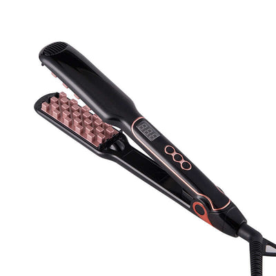 Fluffy Hair Straightener with digital temperature control for wet and dry hair, featuring a sleek black design.