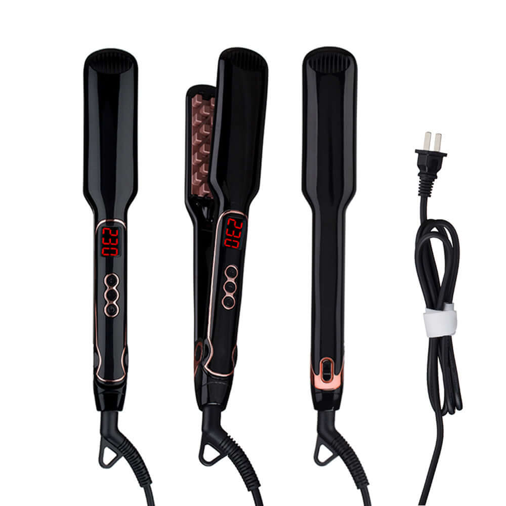 Hairdressing tools: fluffy hair straighteners with temperature control, tourmaline ceramic, ideal for wet and dry hair.